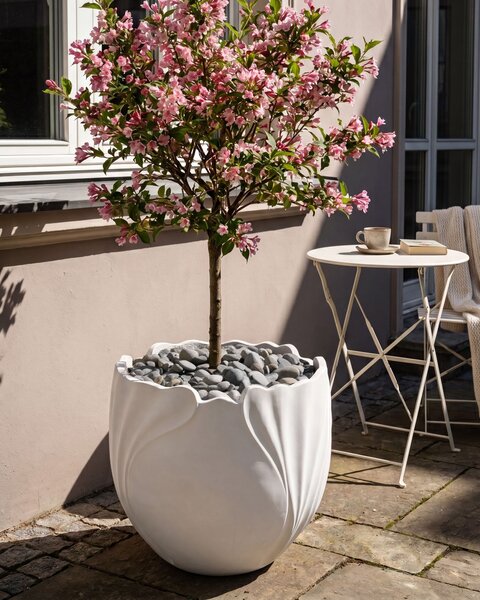 Kvetináč krémová biela oxid horečnatý v tvare kvetu tulipán 40 l odolnosť voči vplyvom počasia interiér exteriér