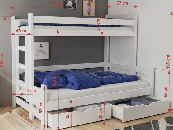 Dvojposchodová posteľ s úložným priestorom 90/120x200 CHARA - biela, ľavé prevedenie