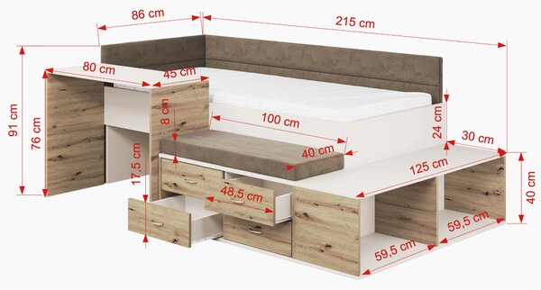 Multifunkčná posteľ s úložným priestorom 80x180 ALDA - biela / dub artisan / hnedá, ľavé prevedenie