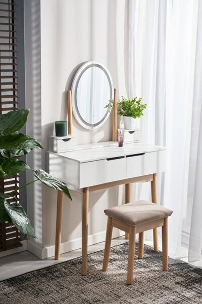 Toaletný stolík GLAM s LED zrkadlom biely / naturálny, béžová taburetka
