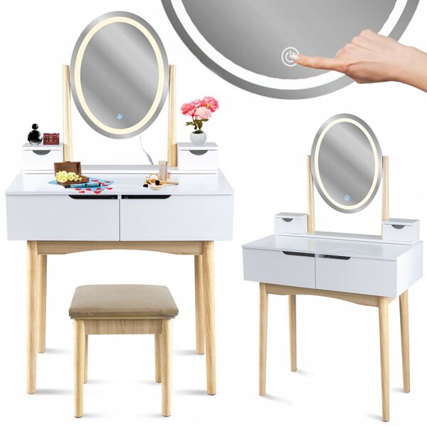 Toaletný stolík GLAM s LED zrkadlom biely / naturálny, béžová taburetka