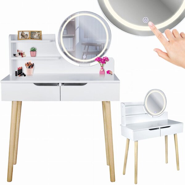 Toaletný stolík SCANDI 2 so zrkadlom a LED osvetlením biely / naturálny