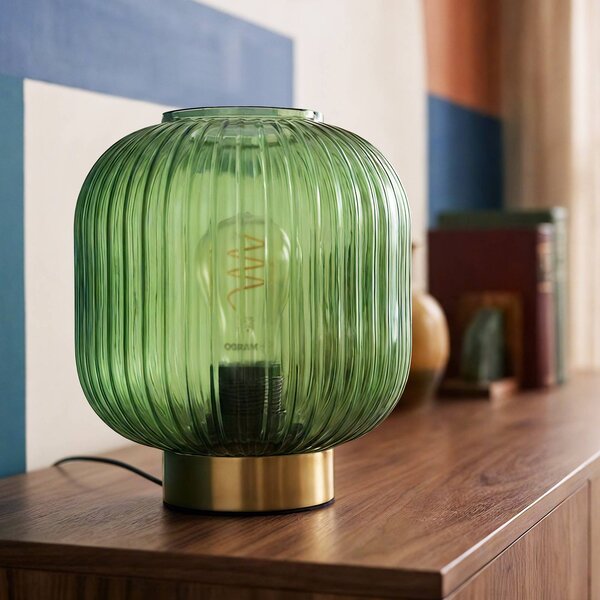OSRAM Stolová lampa Decor Groovie, zelená, výška 22 cm, sklo, E27, Zelená, Obývacia izba / jedáleň, Sklo, Vintage, Stojacie svietidlo