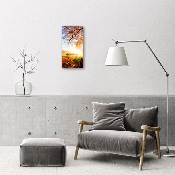 Skleněné hodiny vertikální Příroda, lavička v barevném parku 30x60 cm