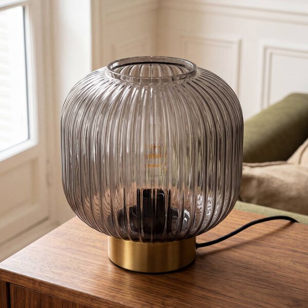 OSRAM Stolová lampa Decor Groovie, sivá, výška 22 cm, sklo, E27, Hliník / sivá / zinok, Obývacia izba / jedáleň, Sklo, Vintage, Stojacie svietidlo
