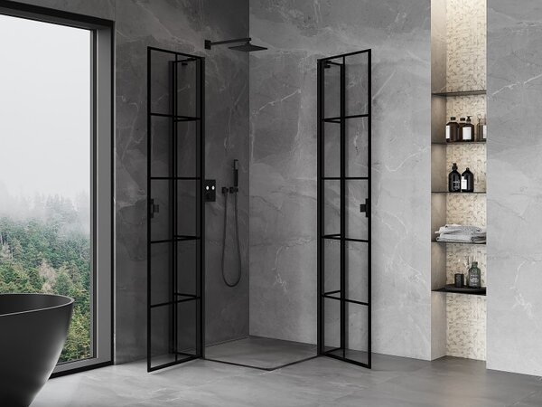 Mexen, Mexen Mist Duo výklopný sprchový kút 70 x 70 cm, čierna mriežka - 8A4-070L-070P-70-77