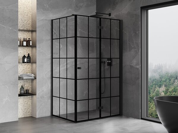 Mexen Mist-F T, 1-krídlový skladací sprchový kút pravý 70 x 75 cm, číre sklo-čierna mriežka, 8A6T-070-075-70-77-P