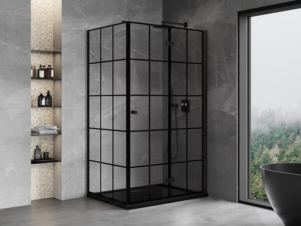 Mexen Mist-F T, 1-krídlový skladací sprchový kút pravý 70 x 75 cm, číre sklo-čierna mriežka, 8A6T-070-075-70-77-P