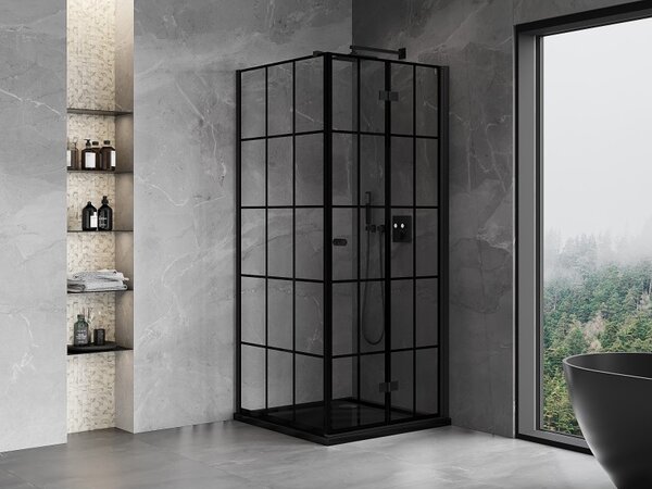 Mexen Mist-F T, 1-krídlový skladací sprchový kút pravý 70 x 70 cm, číre sklo-čierna mriežka, 8A6T-070-070-70-77-P
