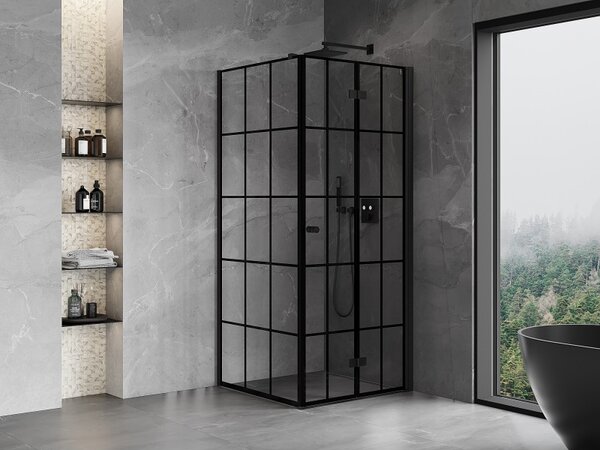 Mexen Mist-F T, 1-krídlový skladací sprchový kút pravý 70 x 70 cm, číre sklo-čierna mriežka, 8A6T-070-070-70-77-P