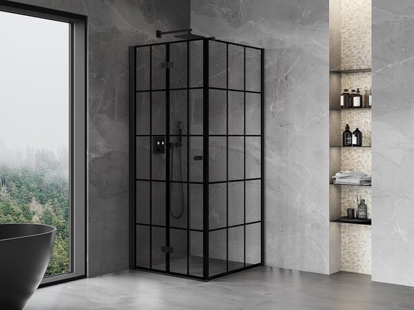 Mexen Mist-F T, 1-krídlový skladací sprchový kút ľavý 70 x 70 cm, čierna mriežka, čierna - 8A6T-070-070-70-77-L