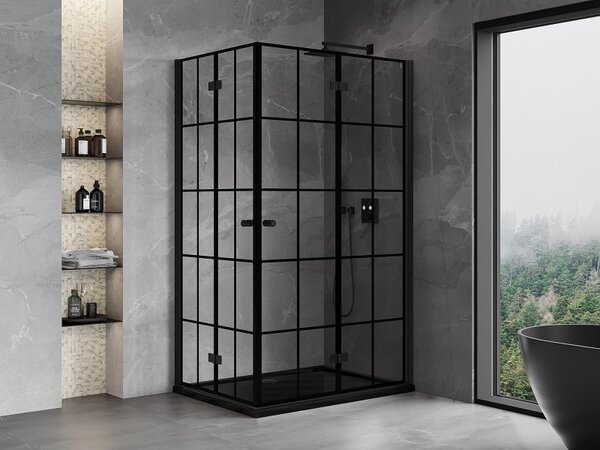 Mexen Mist-F Duo, skladací sprchový kút 70 x 75 cm, číre sklo-čierna mriežka, 8A6-070L-075P-70-77