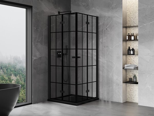 Mexen Mist-F Duo, skladací sprchový kút 70 x 70 cm, číre sklo-čierna mriežka, 8A6-070L-070P-70-77