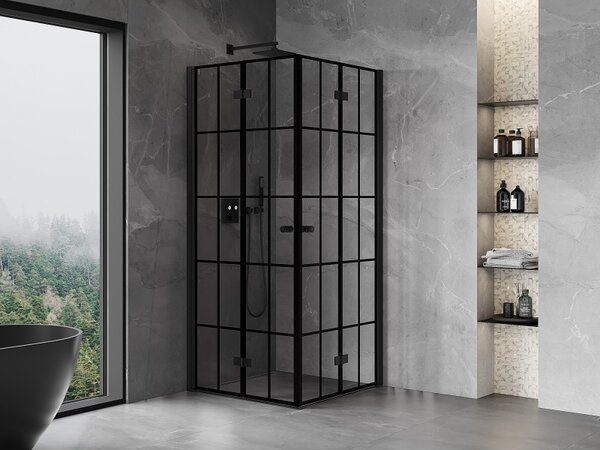 Mexen Mist-F Duo, skladací sprchový kút 70 x 70 cm, číre sklo-čierna mriežka, 8A6-070L-070P-70-77