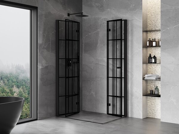 Mexen Mist-F Duo, skladací sprchový kút 75 x 70 cm, číre sklo-čierna mriežka, 8A6-075L-070P-70-77