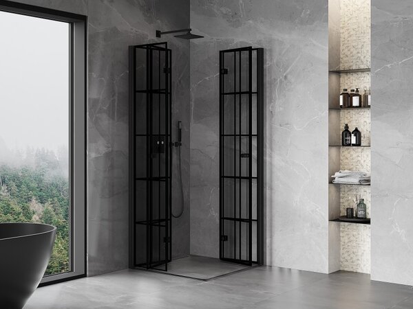 Mexen Mist-F Duo, skladací sprchový kút 70 x 70 cm, číre sklo-čierna mriežka, 8A6-070L-070P-70-77