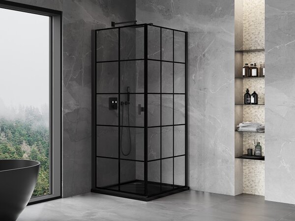 Mexen Mist-B, 1-krídlový výklopný sprchový kút, ľavý, 70 x 70 cm, číre sklo-čierna mriežka, 8A2T-070-070-70-77-L