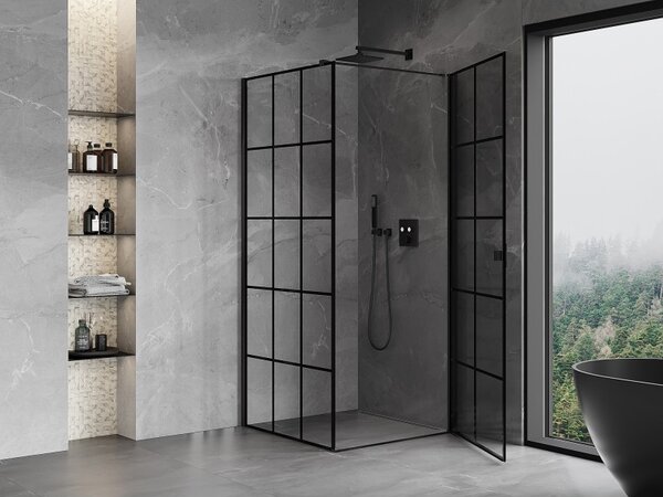 Mexen Mist-B, 1-krídlový výklopný sprchový kút, pravý, 70 x 70 cm, číre sklo-čierna mriežka, 8A2T-070-070-70-77-P