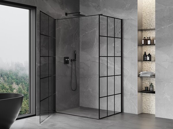 Mexen Mist-B, 1-krídlový výklopný sprchový kút, ľavý, 70 x 75 cm, číre sklo-čierna mriežka, 8A2T-070-075-70-77-L