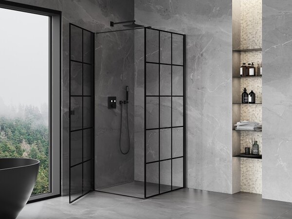 Mexen Mist-B, 1-krídlový výklopný sprchový kút, ľavý, 70 x 70 cm, číre sklo-čierna mriežka, 8A2T-070-070-70-77-L
