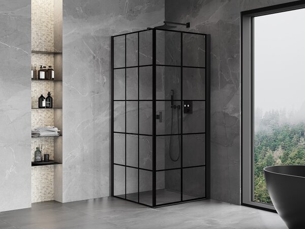 Mexen Mist-B, 1-krídlový výklopný sprchový kút, pravý, 70 x 70 cm, číre sklo-čierna mriežka, 8A2T-070-070-70-77-P