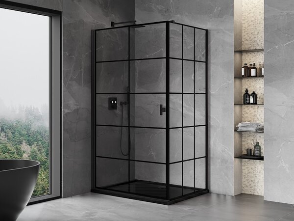 Mexen Mist-B, 1-krídlový výklopný sprchový kút, ľavý, 70 x 75 cm, číre sklo-čierna mriežka, 8A2T-070-075-70-77-L