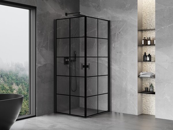 Mexen Mist-B Duo, 2-krídlový výklopný sprchový kút 70 x 70 cm, číre sklo-čierna mriežka, 8A2-070L-070P-70-77