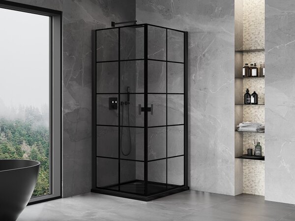 Mexen Mist-B Duo, 2-krídlový výklopný sprchový kút 70 x 70 cm, číre sklo-čierna mriežka, 8A2-070L-070P-70-77