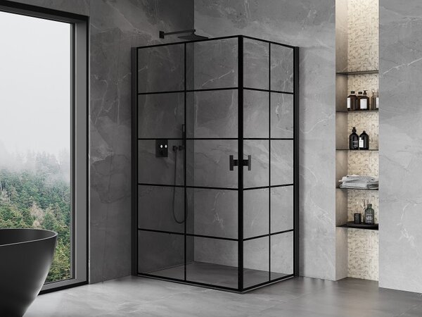 Mexen Mist-B Duo, 2-krídlový výklopný sprchový kút 80 x 70 cm, číre sklo-čierna mriežka, 8A2-080L-070P-70-77