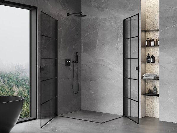 Mexen Mist-B Duo, 2-krídlový výklopný sprchový kút 80 x 70 cm, číre sklo-čierna mriežka, 8A2-080L-070P-70-77