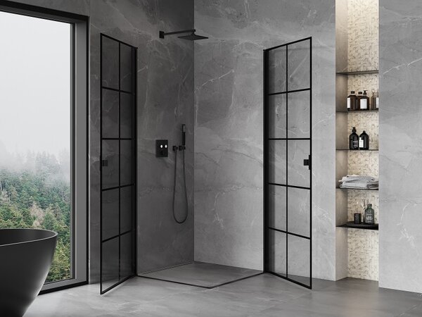 Mexen Mist-B Duo, 2-krídlový výklopný sprchový kút 70 x 70 cm, číre sklo-čierna mriežka, 8A2-070L-070P-70-77