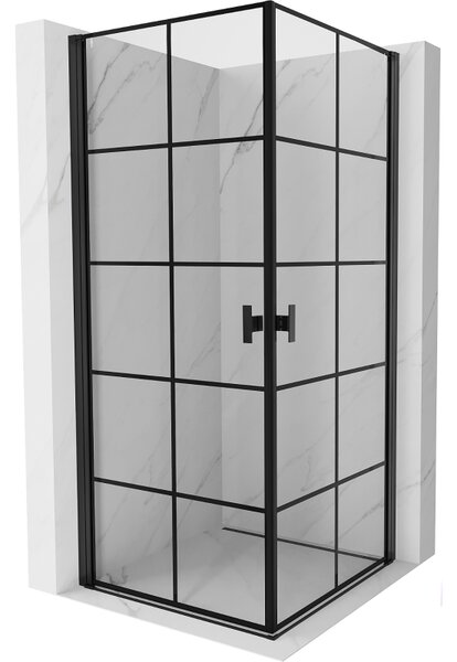 Mexen Mist-B Duo, 2-krídlový výklopný sprchový kút 70 x 70 cm, číre sklo-čierna mriežka, 8A2-070L-070P-70-77