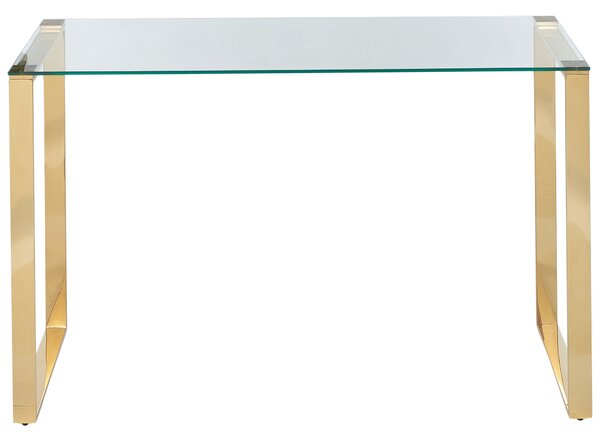 Konzolový stolík priehľadná stolová doska zlaté nohy z nehrdzavejúcej ocele 75 x 40 cm glamour moderná obývačka spálňa chodba