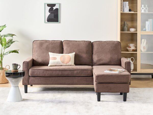 Pohovka hnedá látková čalúnená 3 miestna s taburetom mid century modern obývacia izba