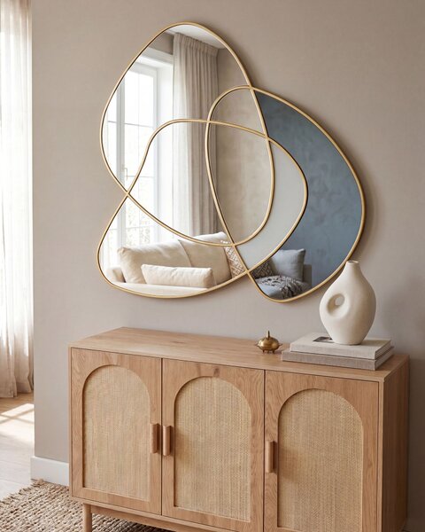 Nástenné zrkadlo zlaté sklo MDF 99 x 89 cm nepravidelný asymetrický tvar moderný art deco štýl doplnky