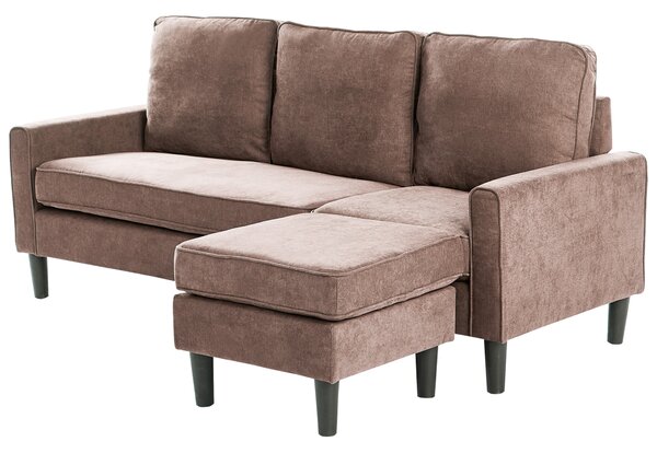 Pohovka hnedá látková čalúnená 3 miestna s taburetom mid century modern obývacia izba