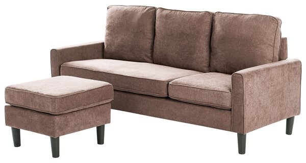Pohovka hnedá látková čalúnená 3 miestna s taburetom mid century modern obývacia izba
