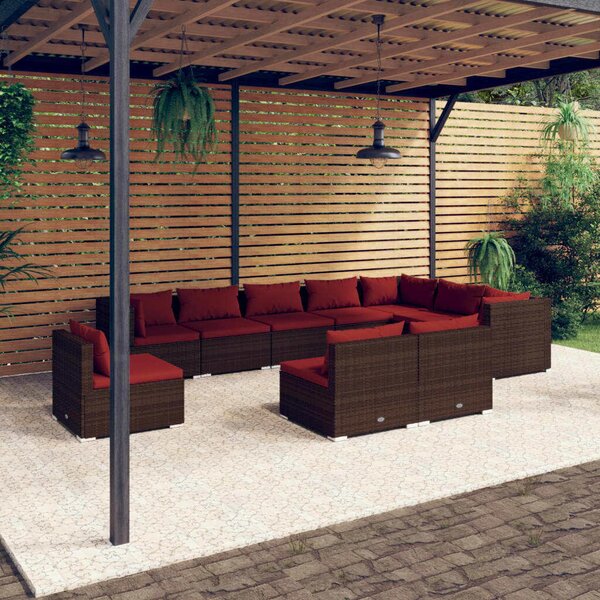 Maison Exclusive – 10-dielna záhradná súprava s vankúšmi z polyrotangu v hnedej farbe