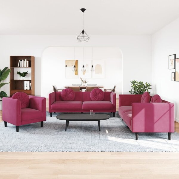 Maison Exclusive – 3-dielna sedacia súprava s vankúšmi z vínovočerveného zamatu