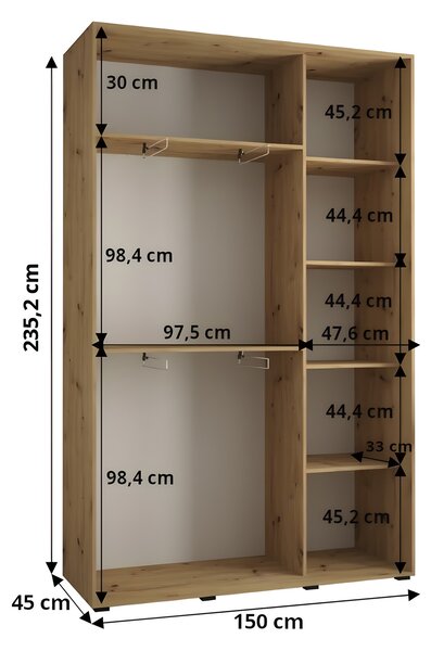 Šatníková skriňa Dakota 1 150x235x45/60 - kašmír Hĺbka: 45