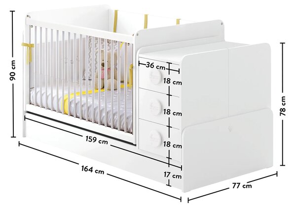 Rastúca postieľka s prebaľovacím pultom BABY COTTON (70x115-70x160 cm)