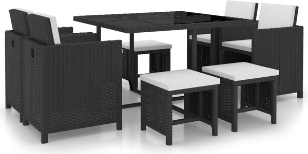 Maison Exclusive – 9-dielna záhradná jedálenská súprava s vankúšmi z poly ratanu, čierna