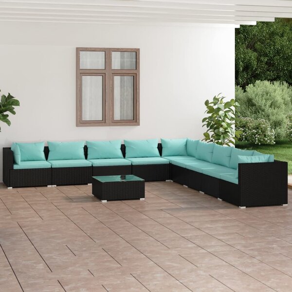 Maison Exclusive – 10-dielna záhradná súprava s vankúšmi z polyrotangu, čierna