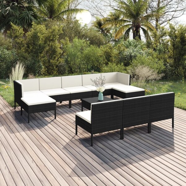 Maison Exclusive – 11-dielna záhradná súprava s vankúšmi z polyrotangu v čiernej farbe
