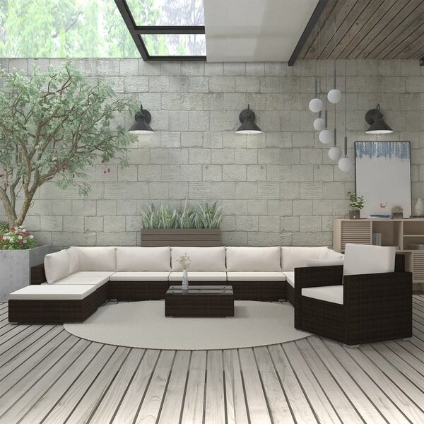 Maison Exclusive – 11-dielna záhradná súprava s vankúšmi z polyrotangu v hnedej farbe