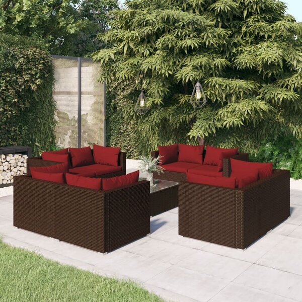 Maison Exclusive – 9-dielna záhradná súprava s vankúšmi z polyrotangu v hnedej farbe