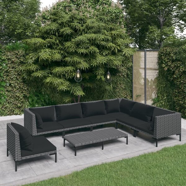 Maison Exclusive – 8-dielna záhradná súprava s vankúšmi z polyrotangu v tmavošedej farbe