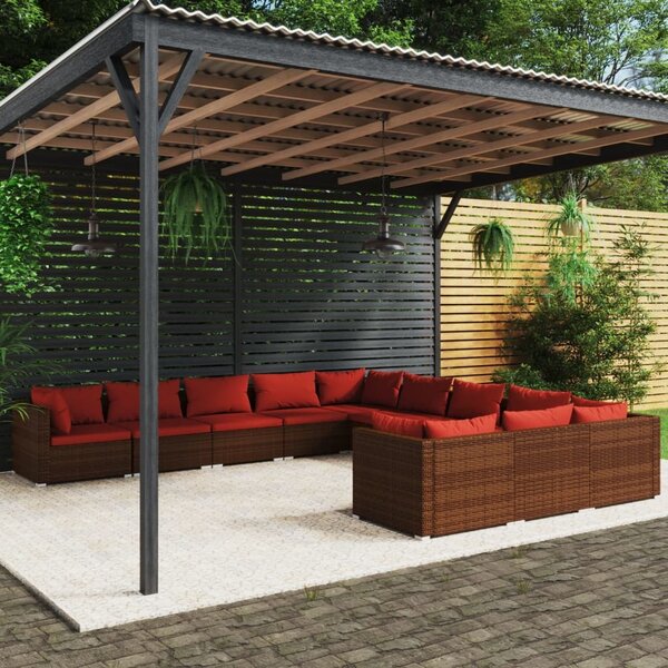 Maison Exclusive – 11-dielna záhradná súprava s vankúšmi z polyrotangu v hnedej farbe
