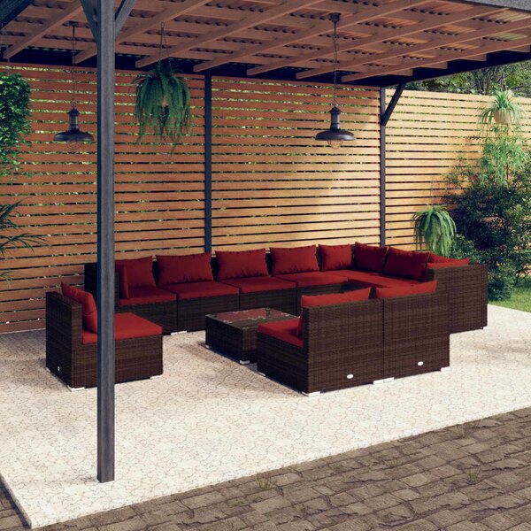 Maison Exclusive – 11-dielna záhradná súprava s vankúšmi z polyrotangu v hnedej farbe