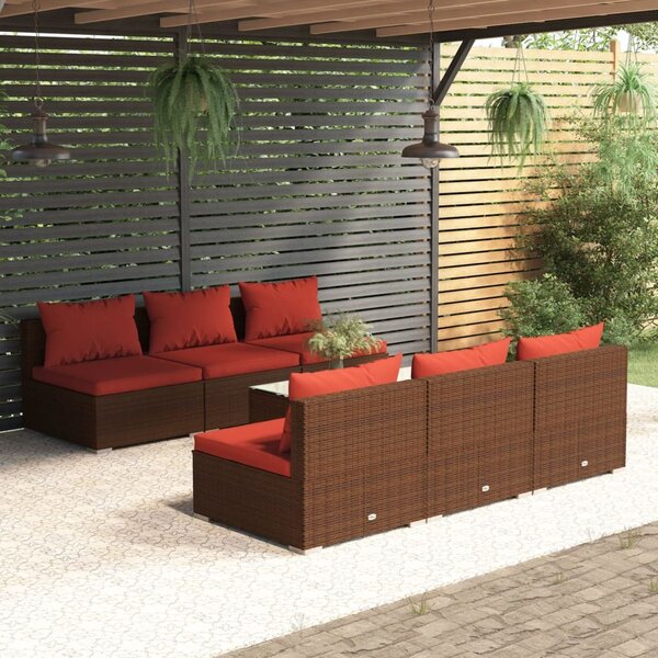 Maison Exclusive – 7-dielna záhradná súprava s vankúšmi z polyrotangu v hnedej farbe
